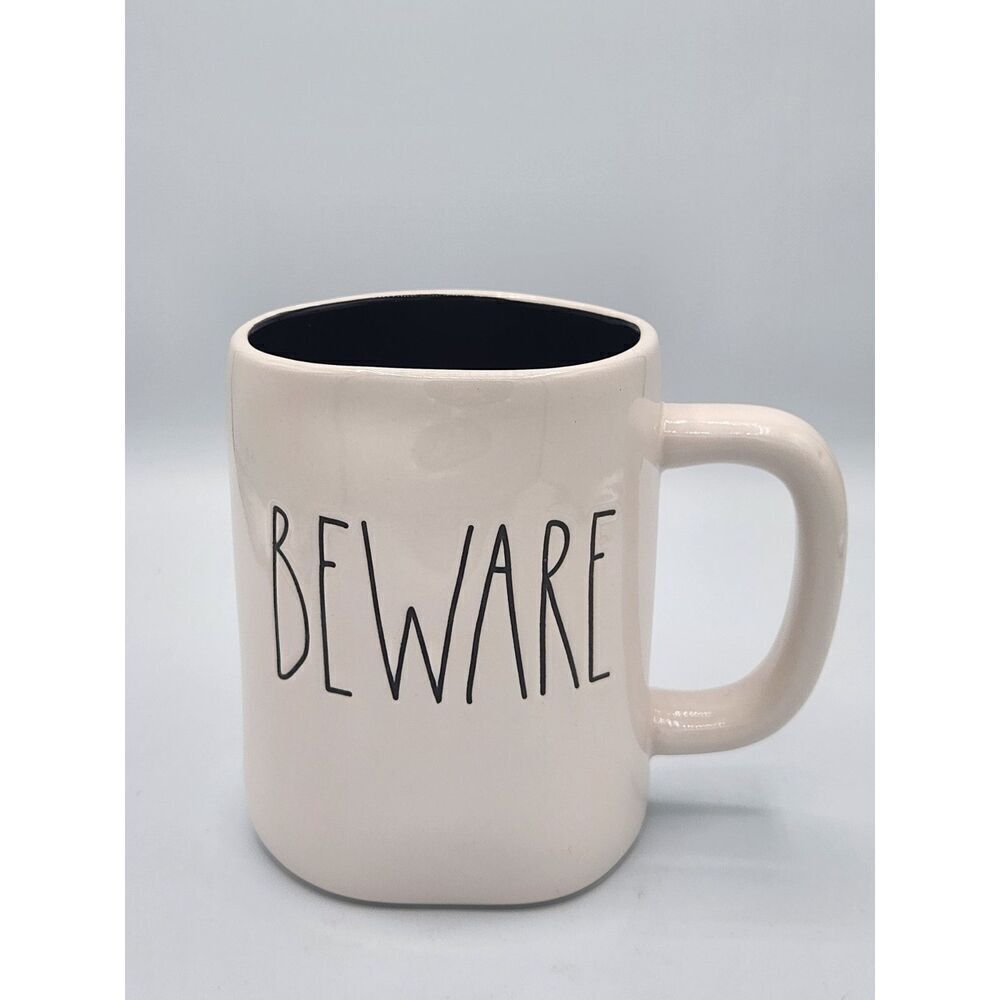 Rae Dunn Halloween BEWARE white and Black Oversized Mug